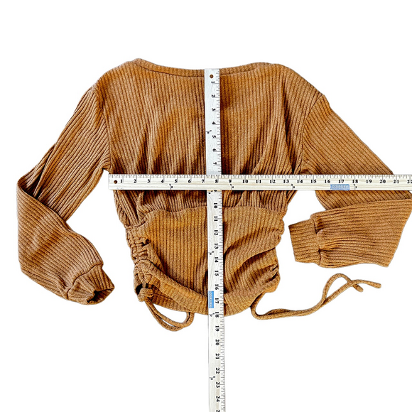 Streetwear barrel sleeve ribbed boat neck cropped long sleeve top small sienna - Picture 5 of 6